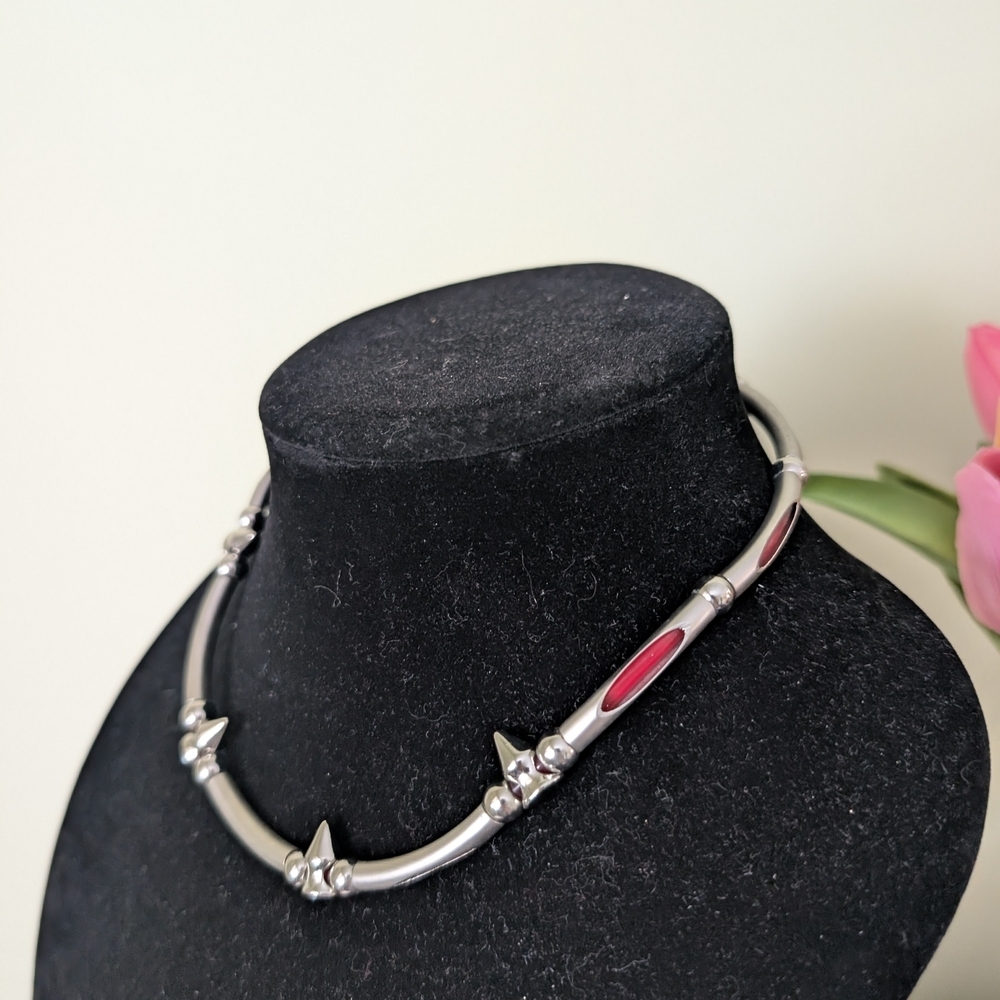 Silver Tone Spike Necklace with Red Inlay